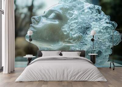 A glass sculpture of a woman's head with hair made of glass shards. Wall mural