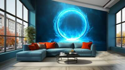 A glowing blue ring with smoke surrounds a circular platform on a dark background. Wall mural