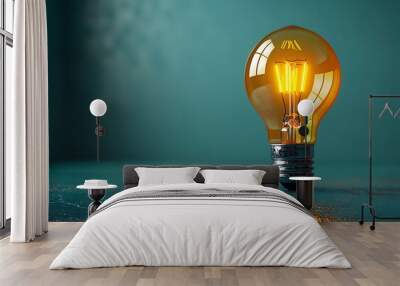 A glowing light bulb on a teal surface with copy space. Wall mural