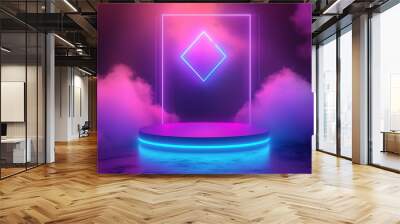 A  glowing neon diamond shape is set inside a glowing neon rectangle against a pink and blue fog, which is on a circular platform with a blue ring of light around it. Wall mural