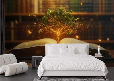 A glowing tree emerges from an open book with magical sparks flying around it in front of a bookshelf. Wall mural