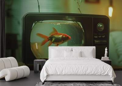 A goldfish swims inside a vintage television set, a surreal and thought-provoking image. Wall mural