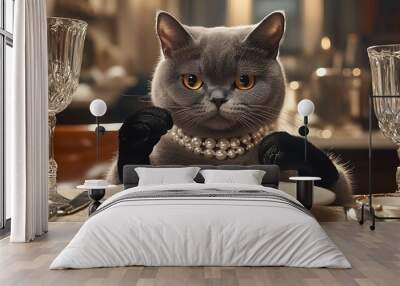 A gray cat wearing a pearl necklace sits at a table with two glasses and a plate, looking expectantly at the camera. Wall mural