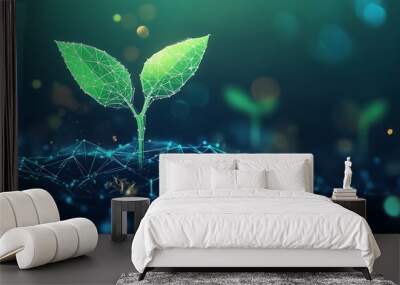 A green sprout growing from a network of blue lines, representing growth and innovation. Wall mural