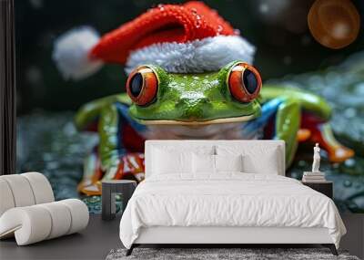 A green tree frog wearing a Santa hat sits on a wet leaf. Wall mural