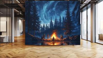 A group of people gather around a campfire in the forest at night, under a vibrant aurora borealis. Wall mural