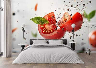 A halved tomato with basil and peppercorns flying in the air against a white background. Wall mural