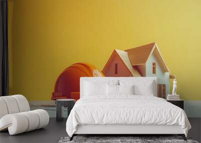 A hardhat and a miniature house model on top of a blueprint on a yellow background. Wall mural