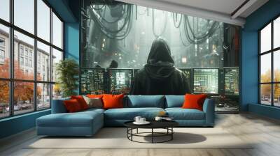 A hooded figure sits in front of multiple computer monitors, overlooking a futuristic cityscape. Wall mural