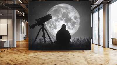 A lone figure sits beneath a full moon, gazing at the night sky with a telescope at their side. Wall mural