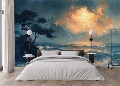 A lone tree stands on a rocky outcropping overlooking a stormy sea with a bright sky in the background. Wall mural