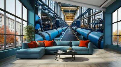 A long hallway in a industrial plant with pipes running along the walls. Wall mural