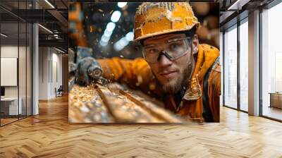 A lumberjack works on a wooden plank, sawdust flying in the air. Wall mural