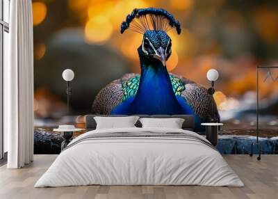 A majestic peacock with its vibrant plumage stands in a shallow stream of water. The bird's colors are reflected in the water, creating a beautiful image. Wall mural