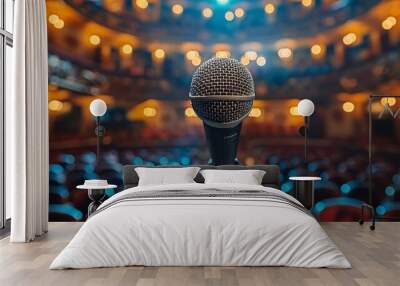 A microphone stands alone on a stage in front of rows of empty seats. Wall mural