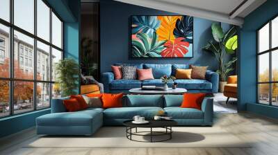 A modern living room with a large abstract painting of colorful leaves hanging on the wall above a blue sofa, with a coffee table, a rug, and two armchairs. Wall mural