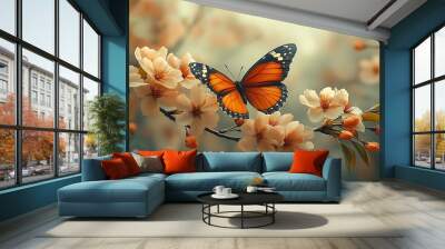 A monarch butterfly rests on a branch of delicate white blossoms, showcasing the beauty of nature's delicate balance. Wall mural