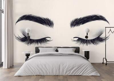 A pair of closed eyes with long eyelashes and perfectly shaped eyebrows, isolated on a white background. Wall mural