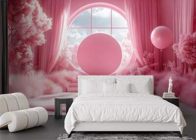 A pink room with a round window, pink trees, a pink podium, a pink rug, and a pink balloon. Wall mural