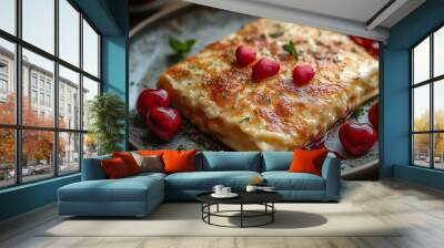 A plate of cheesy lasagna garnished with hearts of cherry jelly and mint sprigs. Wall mural