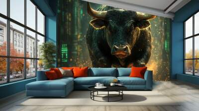 A powerful bull charging forward in a digital landscape, representing financial growth and strength. Wall mural