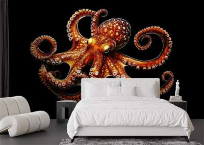 A red octopus with its tentacles curled, isolated on a black background. Wall mural