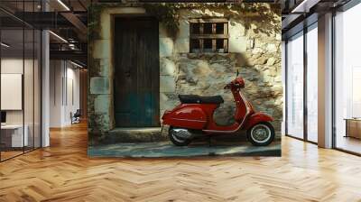 A red scooter parked in front of a rustic stone building with a wooden door. Wall mural