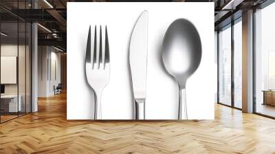 A silver fork, knife and spoon on a white background. Wall mural