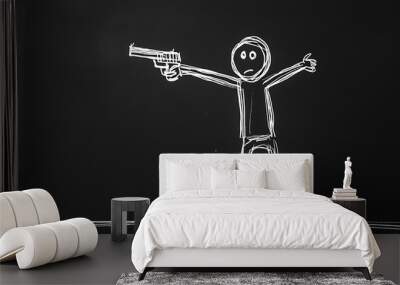 A simple stick figure drawing of a person holding a gun in a  threatening pose. Wall mural