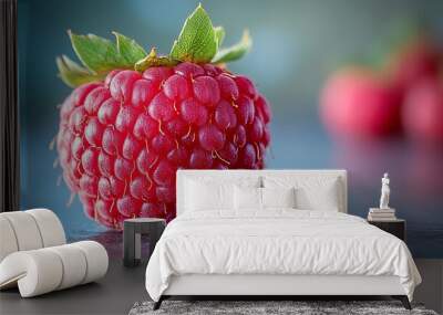 A single, ripe raspberry with a blurred background of other raspberries. Wall mural