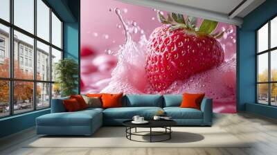 A single strawberry splashing into a pool of pink liquid, creating a crown of foam around it. Wall mural