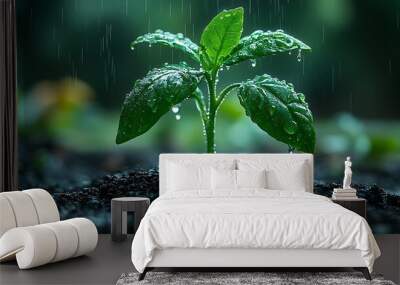 A small green plant sprout growing from rich soil with raindrops falling on its leaves. Wall mural