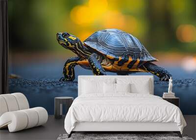 A small turtle with a black, yellow, and blue shell walks on a dark asphalt path with a blurred green and yellow background. Wall mural