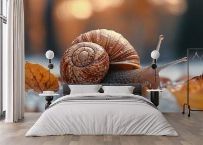 A snail crawls through the snow among autumn leaves in a forest. Wall mural