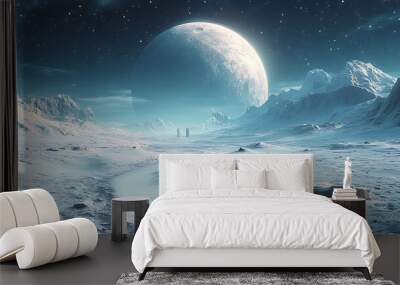 A snowy alien landscape with a large moon and two tall structures in the distance. Wall mural