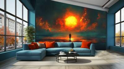 A solitary figure walks towards a massive fiery sun in a dramatic, apocalyptic sky. Wall mural