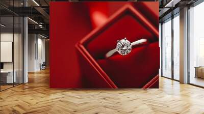 A sparkling diamond engagement ring sits in a red velvet box. Wall mural