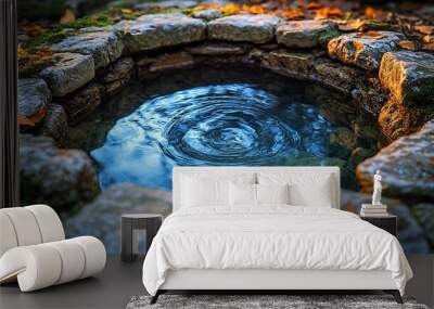 A stone well with clear water and a ripple in the center. Wall mural