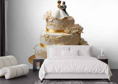 A traditional white wedding cake with gold accents and a bride and groom topper. Wall mural