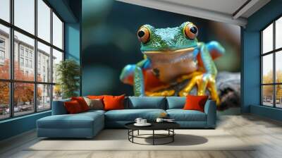 A vibrant green tree frog with orange and blue accents sits on a branch, staring directly at the camera. Wall mural