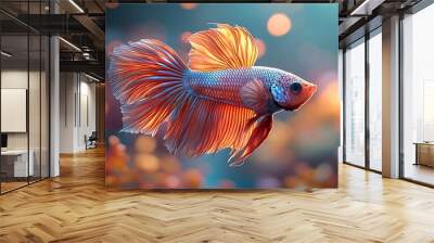 A vibrant orange and blue Siamese fighting fish with flowing fins swims in a tank with a soft, blurred background. Wall mural