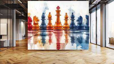 A watercolor painting of chess pieces on a chessboard with a splash of color in the background. Wall mural