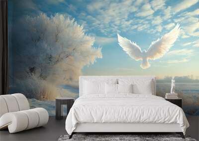 A white dove flies over a frosted winter landscape with a bright blue sky and white clouds. Wall mural