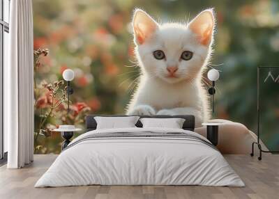 A white kitten with blue eyes sits on a human hand in a garden with a blurred background of green plants and red flowers. Wall mural