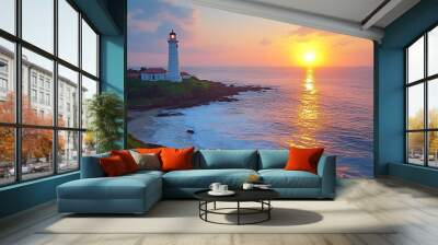 A white lighthouse stands tall on a rocky cliff overlooking a vast ocean as the sun sets in a vibrant orange and pink sky. Wall mural