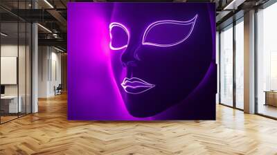 A white mask with a neon purple outline, against a dark purple background, resembling a woman's face. Wall mural