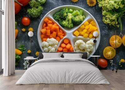 A white plate with four sections, filled with chopped carrots, broccoli, cauliflower, and yellow peppers. Wall mural