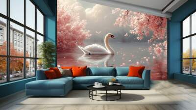 A white swan swims gracefully in a tranquil lake surrounded by blooming cherry blossom trees, creating a picturesque springtime scene. Wall mural