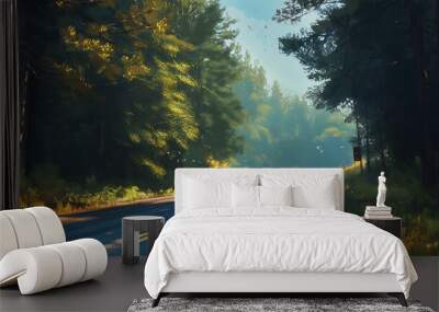 A winding road through a lush forest with sunlight filtering through the trees. Wall mural