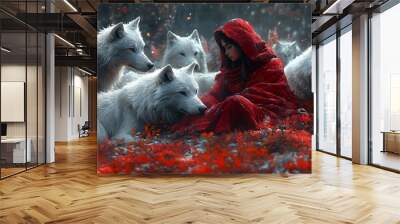 A woman in a red hooded cloak sits in a clearing surrounded by white wolves. Wall mural